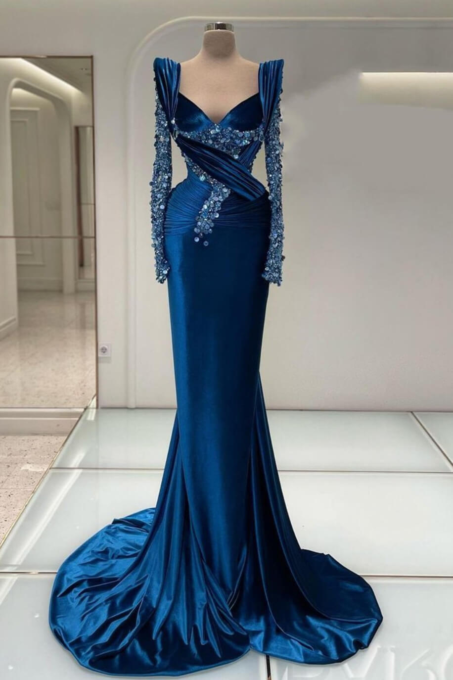 Bellasprom Dark Blue Long Sleeves V-Neck Mermaid Prom Dress With Sequins Bellasprom