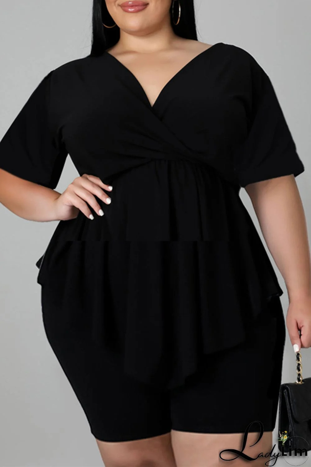 Black Fashion Casual Solid Split Joint Asymmetrical V Neck Plus Size Two Pieces