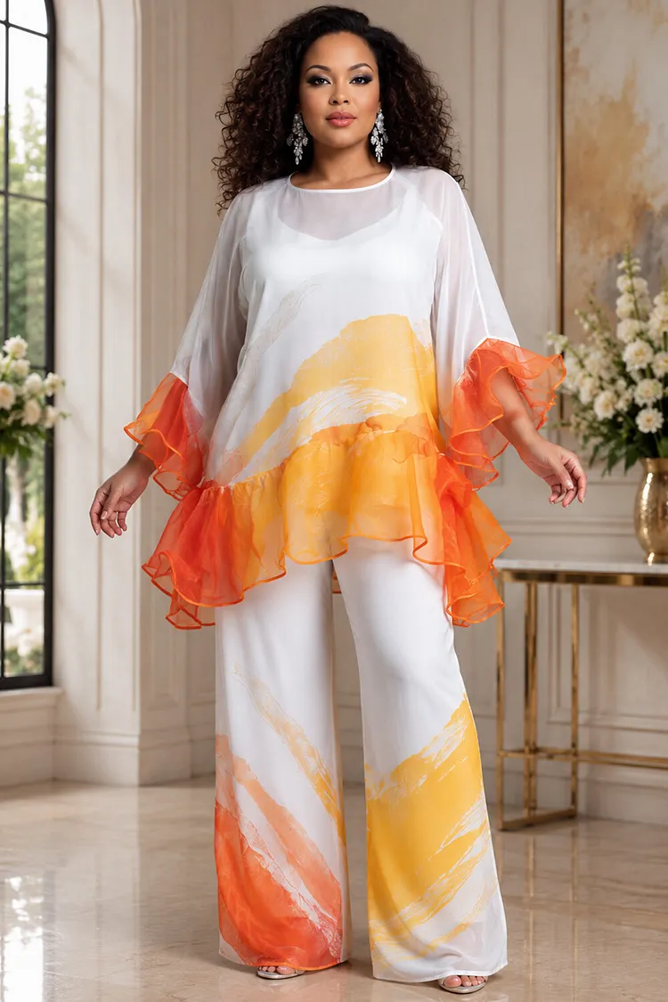 Xpluswear Design Plus Size Business Casual White Colorblock Round Neck Flare 3/4 Sleeve Pocket Ruffle Two Piece Pant Sets [Pre-Order] 2024 - Xpluswear