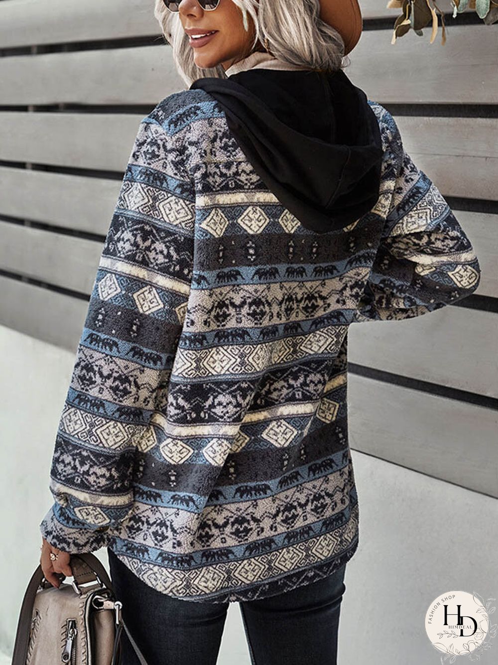 Tribal Pattern Hooded Button Pocket Plush Coat