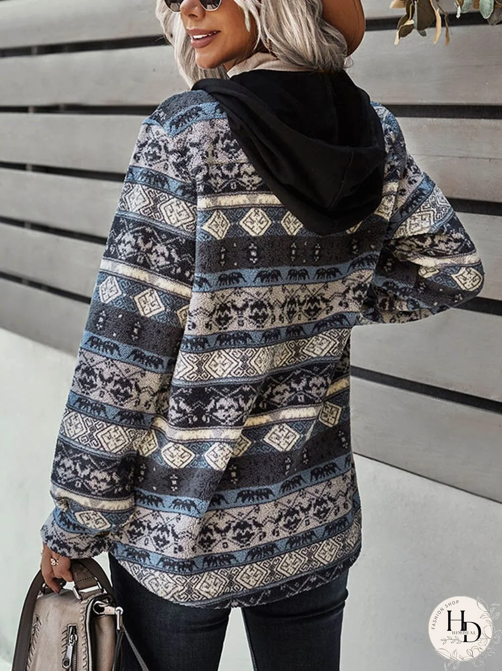 Tribal Pattern Hooded Button Pocket Plush Coat