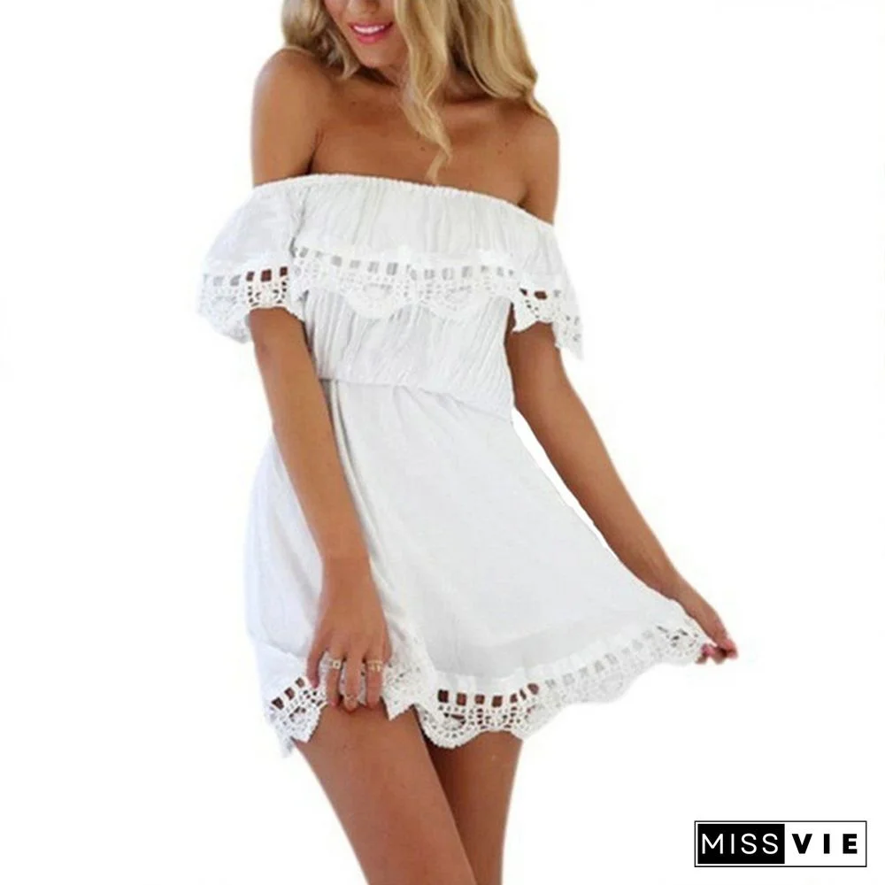 Summer Women White Lace Stitching Dress Off Shoulder Strapless Dress Neck Mini Dresses