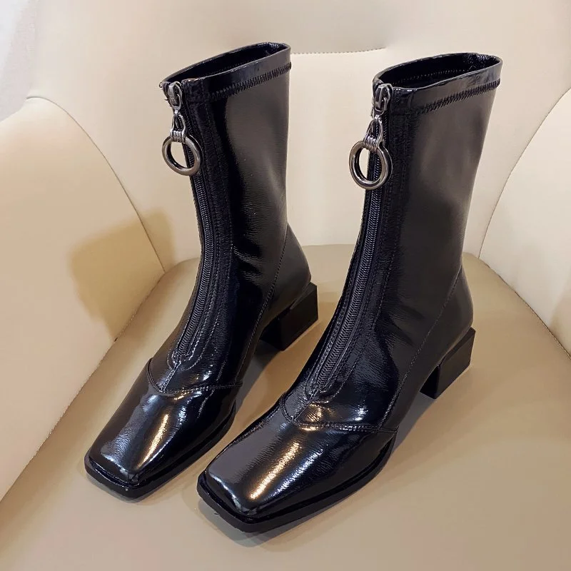 Fashion Winter Women Boots Black Patent Leather Square Toe High Block Heel Plush Ankle Boots Casual Lady Front Zipper Shoes
