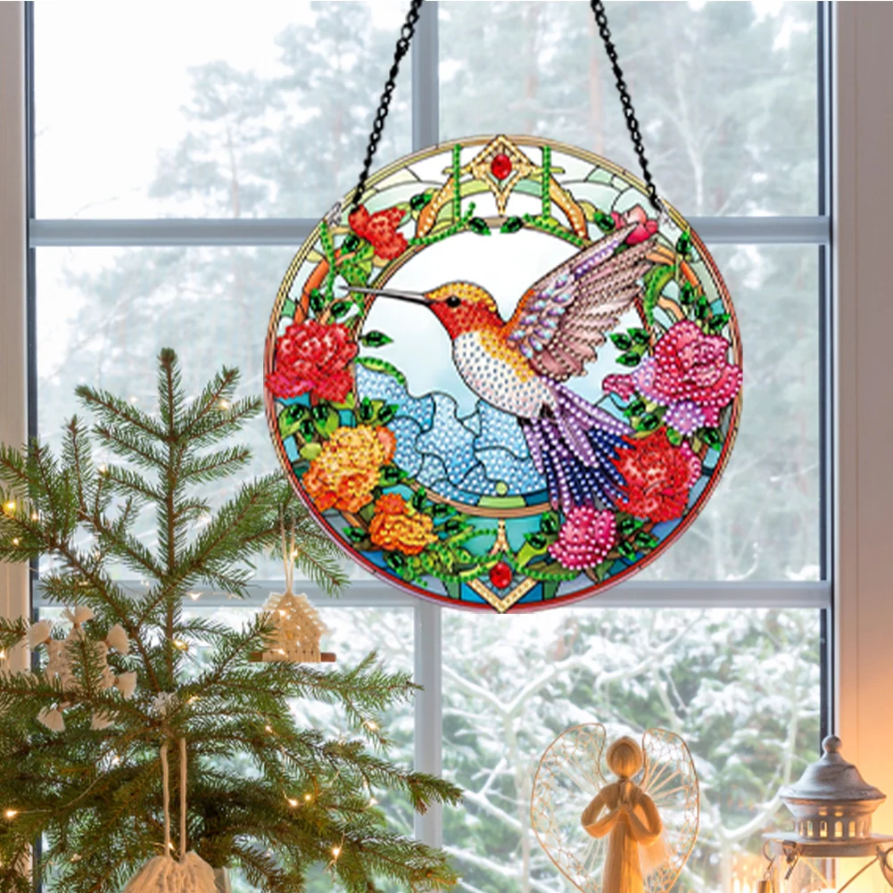 DIY Hummingbird Single-Side Acrylic Diamond Painting Art Pendant for Kid DIY Craft