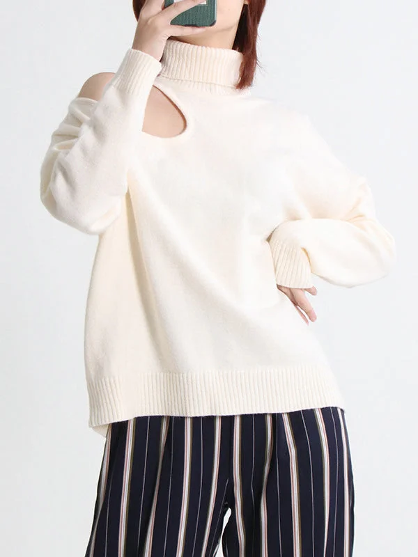 Hollow Solid Color Long Sleeves Loose High-Neck Sweater Tops Pullovers Knitwear