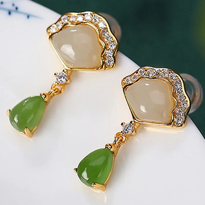 White Jade Cyan Jade Fan Water Drop Pattern Luck Drop Earrings