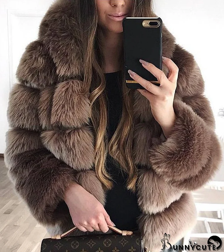 Women Faux Fox Fur With Hood Long Sleeve Jacket