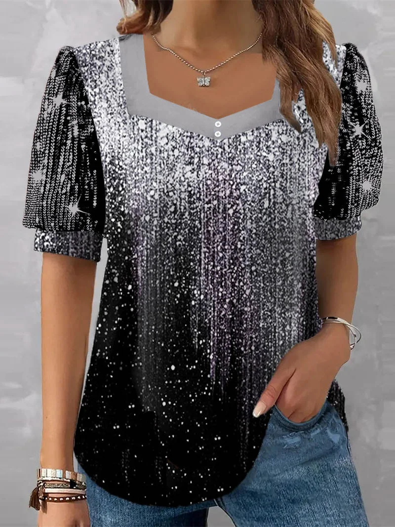 Women's Short Sleeve V-neck Gradient Printed Sequins Stitching Top