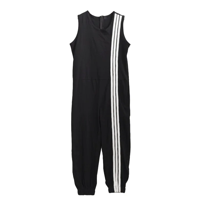 [EAM] Loose Fit Black Striped Pattern Women Jumpsuit New High Waist Pocket Stitch Pants Fashion Spring Summer 2021 1DD516001