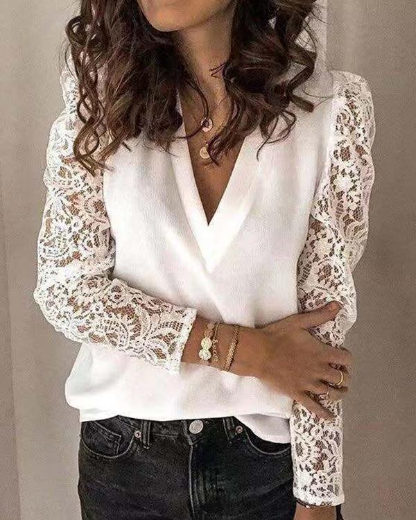 Solid Casual V-Neckline Long Sleeve Blouses - Chicaggo