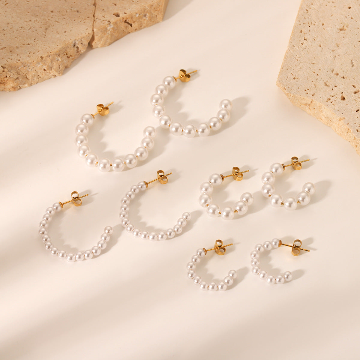 Ins Stainless Steel C-Shaped Pearl Earrings Female Retro Millet Pearl Earrings