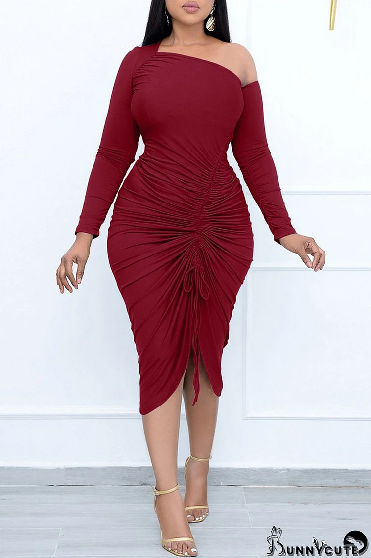 Burgundy Fashion Sexy Solid Split Joint Draw String Oblique Collar Long Sleeve Dresses