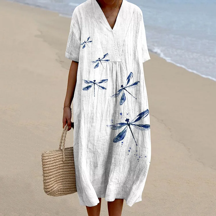 Women'S Dragonfly Print Linen Blend Dress