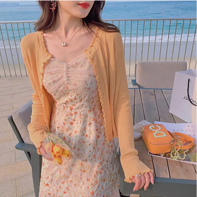 Uveng Vintage Strap Chic Dress for Women Floral Lace Midi Dresses Female Beach Party One Piece Dress Korean Style 2021 Summer