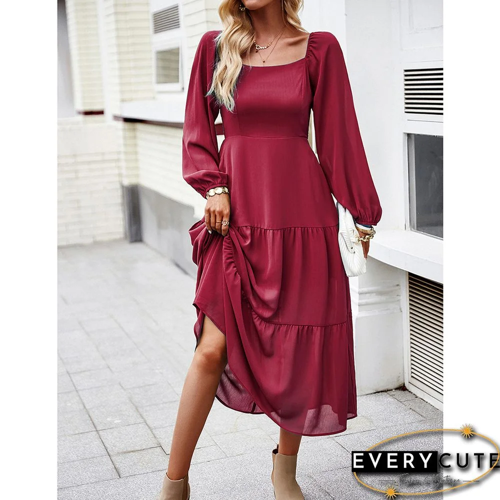 Burgundy Solid Square Neck Pocket Long Sleeve Dress