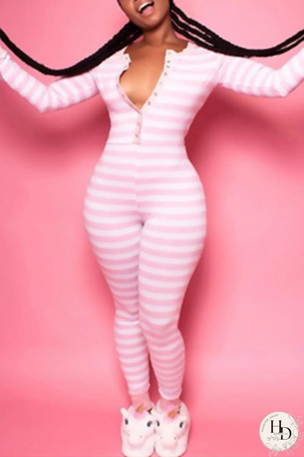 Pink Casual Living Striped Print Basic V Neck Skinny Jumpsuits