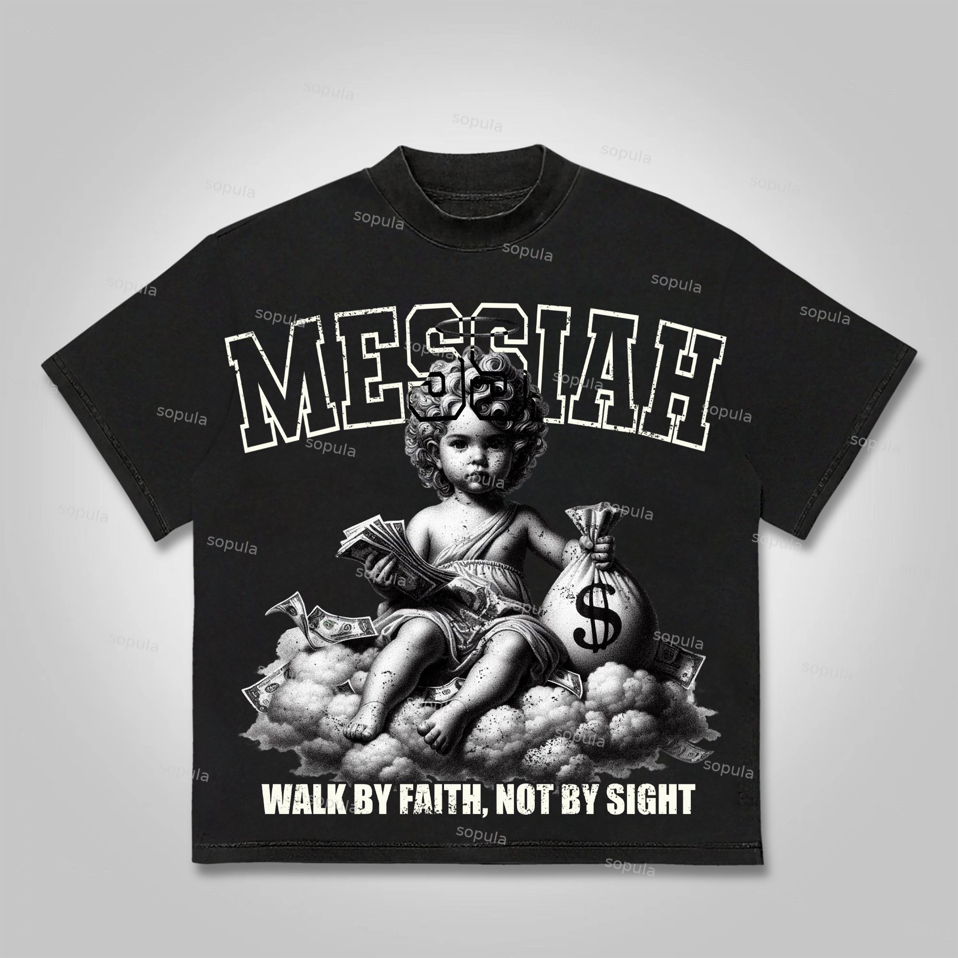Sopula Messiah Vintage Money Angel Graphic Cotton T-shirt