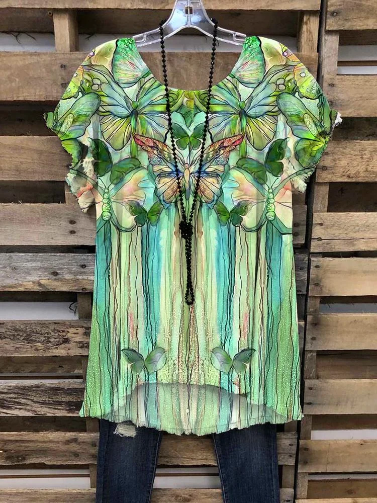 Women's Round Neck Butterfly Print Short-sleeved T-shirt