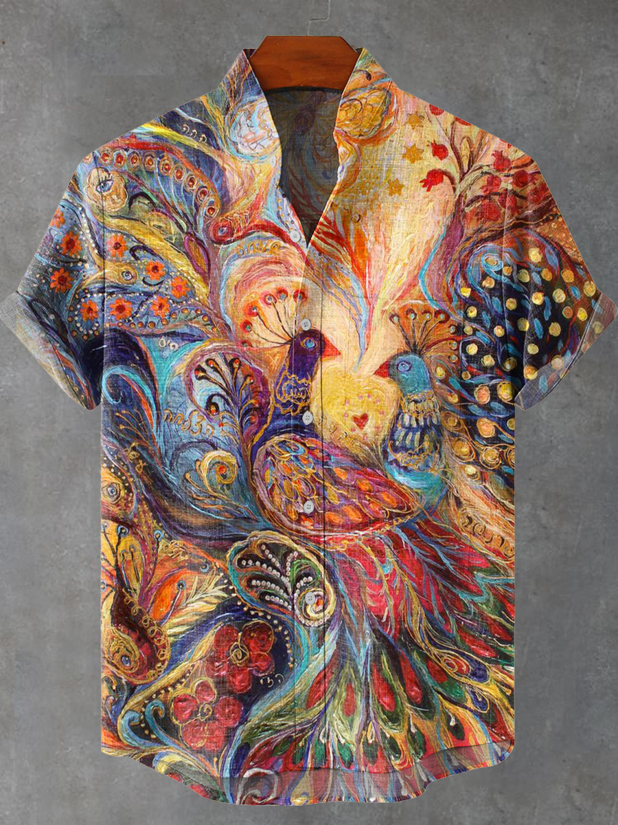 Beautiful Peacock Art Painting Vintage Print Casual 100% Cotton Shirt