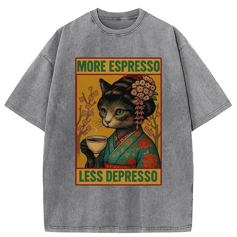 Geisha Cat Drinking Coffee Washed T-shirt artswardrobe