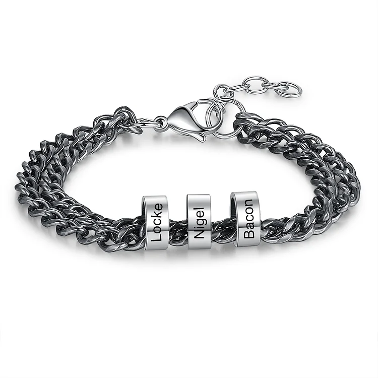 Men Cuban Chain Bracelet with 3 Beads Engraved 3 Names Gifts for Him