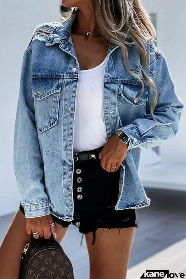 Casual Ripped Long-sleeved Denim Jacket Top