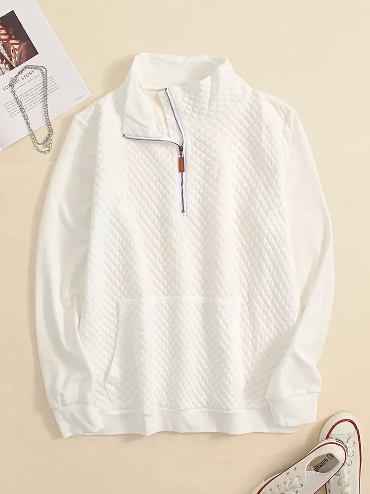 Solid Zip Front Pocket Long Sleeve Lapel Women Sweatshirt
