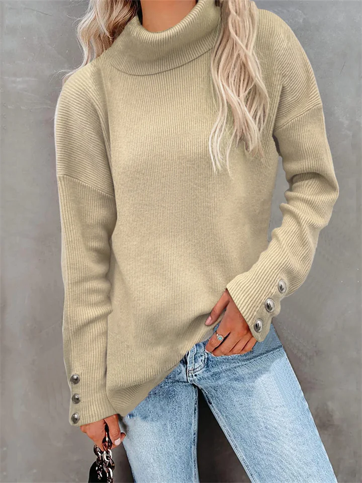 Casual Loose Knit Sweater with High Collar and Long Sleeve In Solid Color-Cosfine