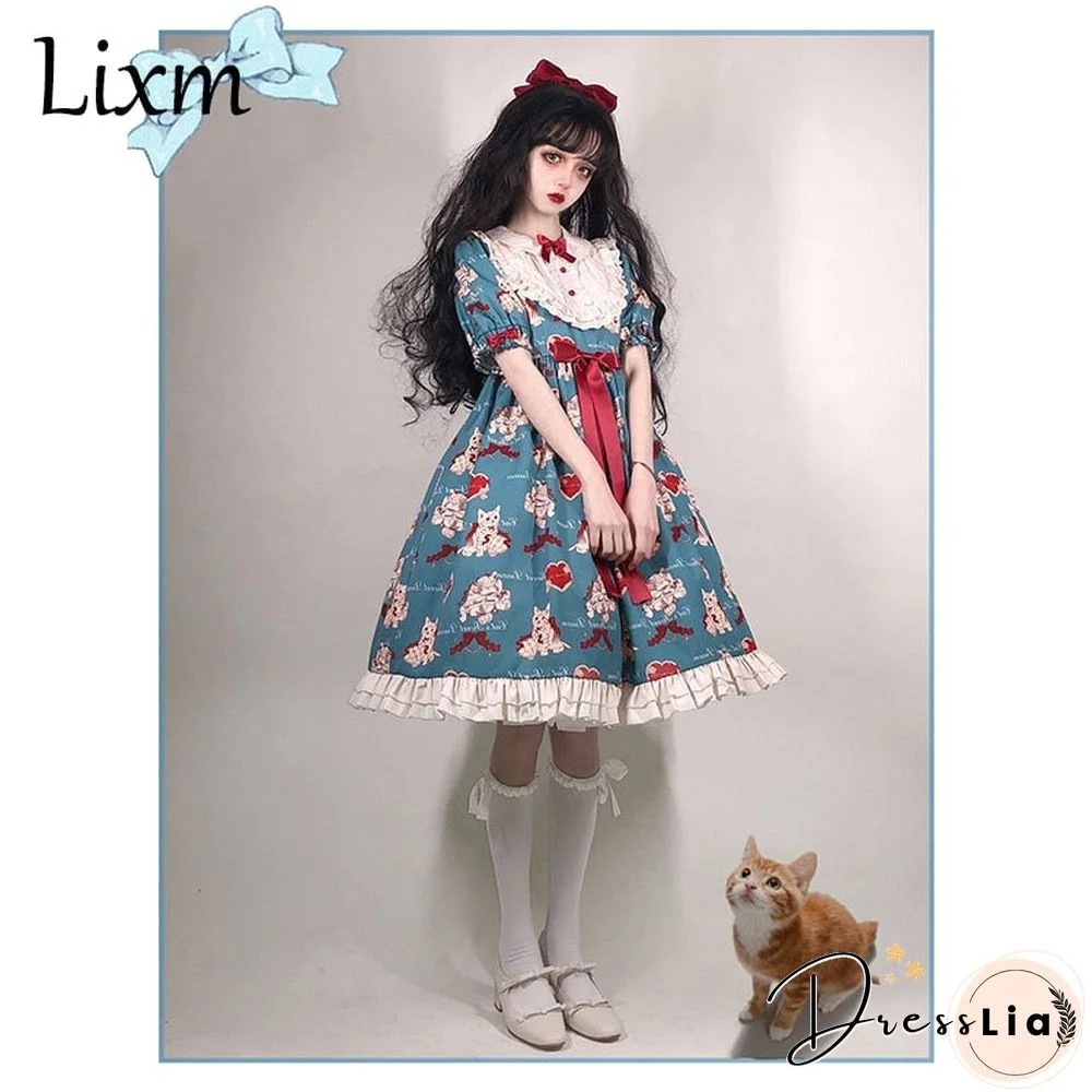 Japanese Sweet Kawaii Lolita dress gray-green wish cat Lolita cat Vintage Victorian Gothic Bow Princess Tea Party Dresses