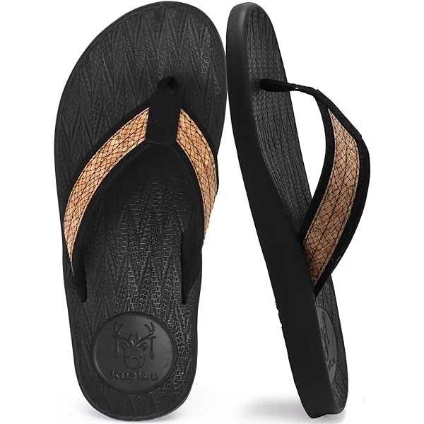 Mens Flip Flops Arch Support Comfortable Waterproof Open Toe Summer Beach Leather Thong Sandals Cushion Slip on Slippers 11 Black