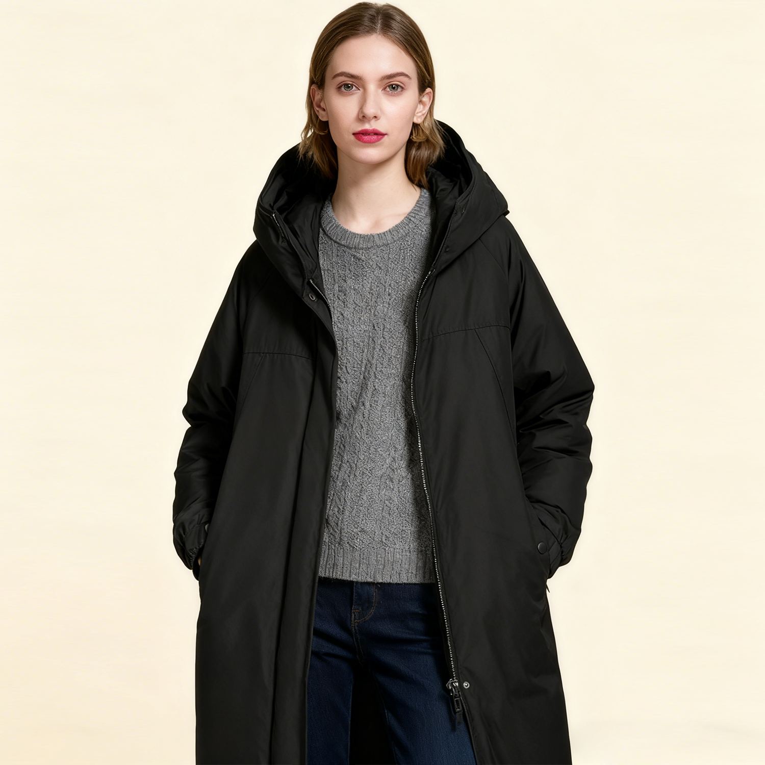 Women's Down Jacket Loose Long Hooded Style REAL SILK LIFE