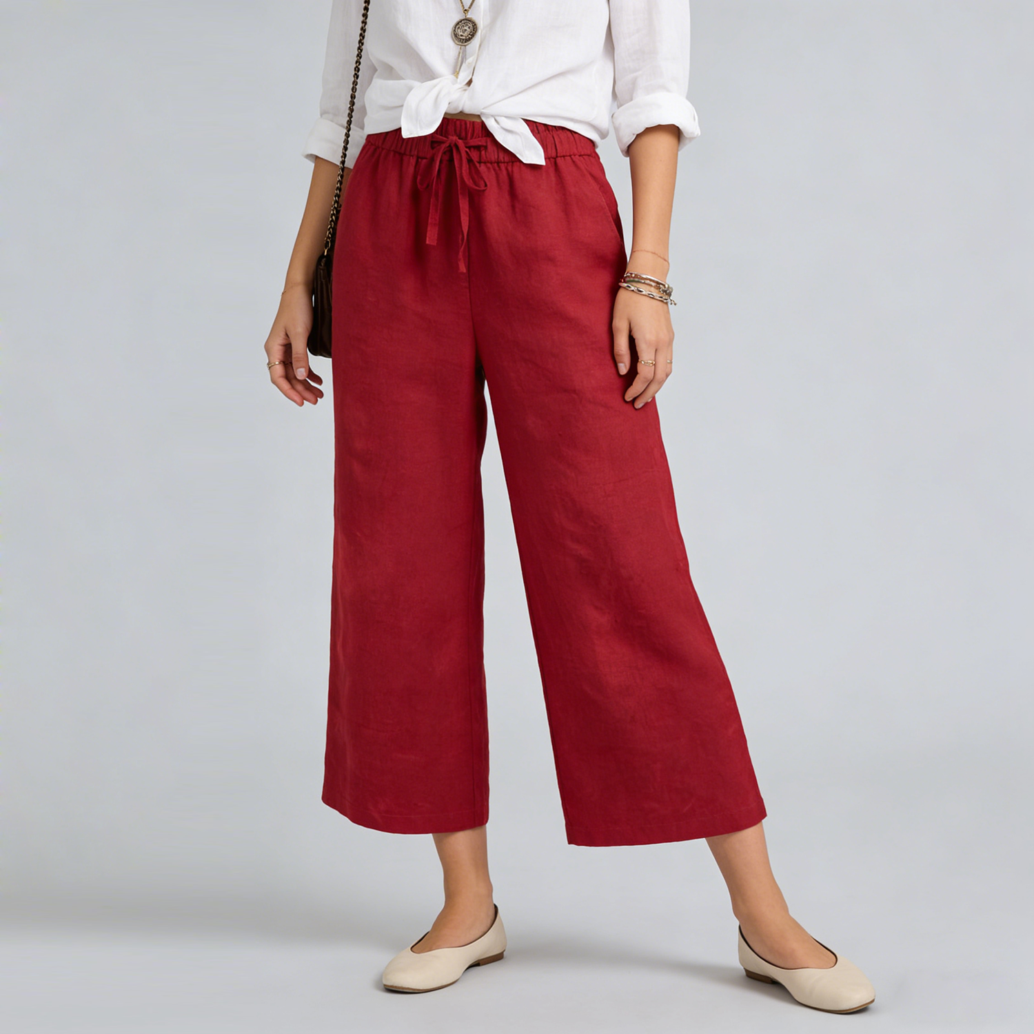 Linen Pants Women 100% Linen Elastic Waist Cropped Trousers Lightweight Breathable REAL SILK LIFE