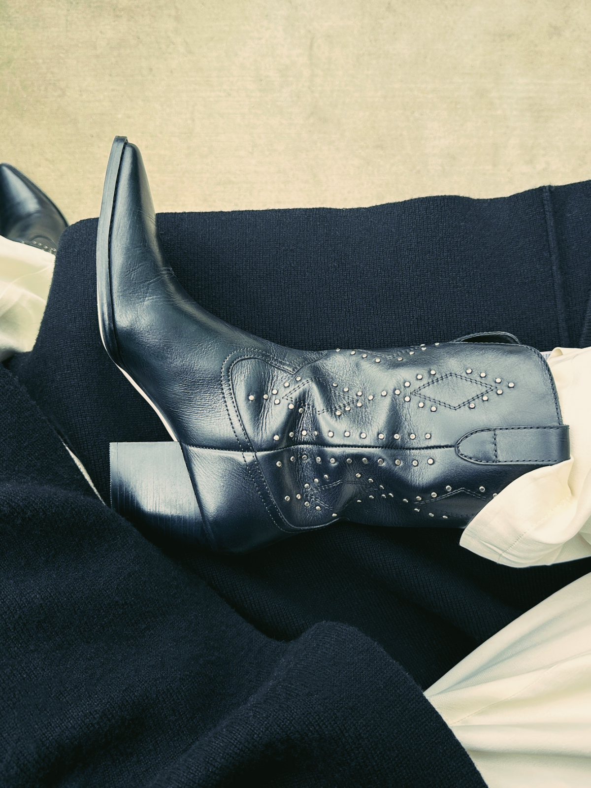 Taafo Black Stitch Studded Pointed-Toe Wide Mid Calf Western Boots Cowgirl Boots