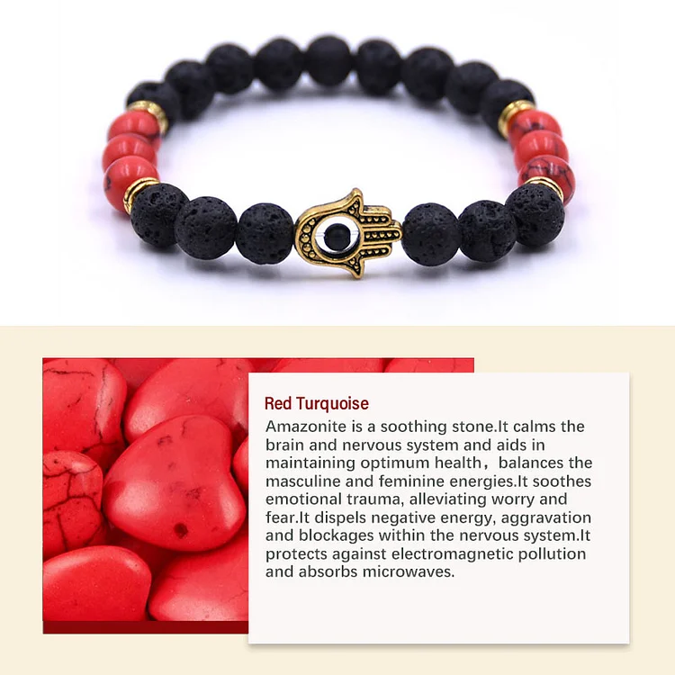 Olivenorma Lava Stone Hamsa Protection Bracelet|red qurquoise