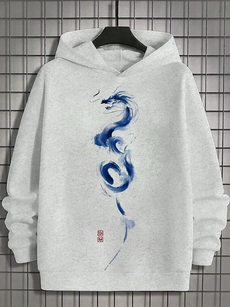 <Flash Sale⚡45% OFF> Men's Chinese Ink Painting Dragon Art Print Long Sleeve Hoodie