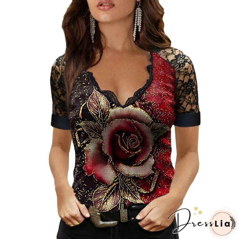 Women Rose Print T-Shirt Lace V-Neck Short Sleeve Pullover Ladies t Shirt Party Summer Tops Sexy Casual Top Female Tees D30