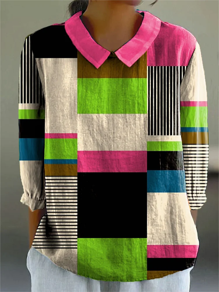Women's Fashion Color Block Line Art Print Casual Cotton And Linen 3/4 Sleeve Shirt