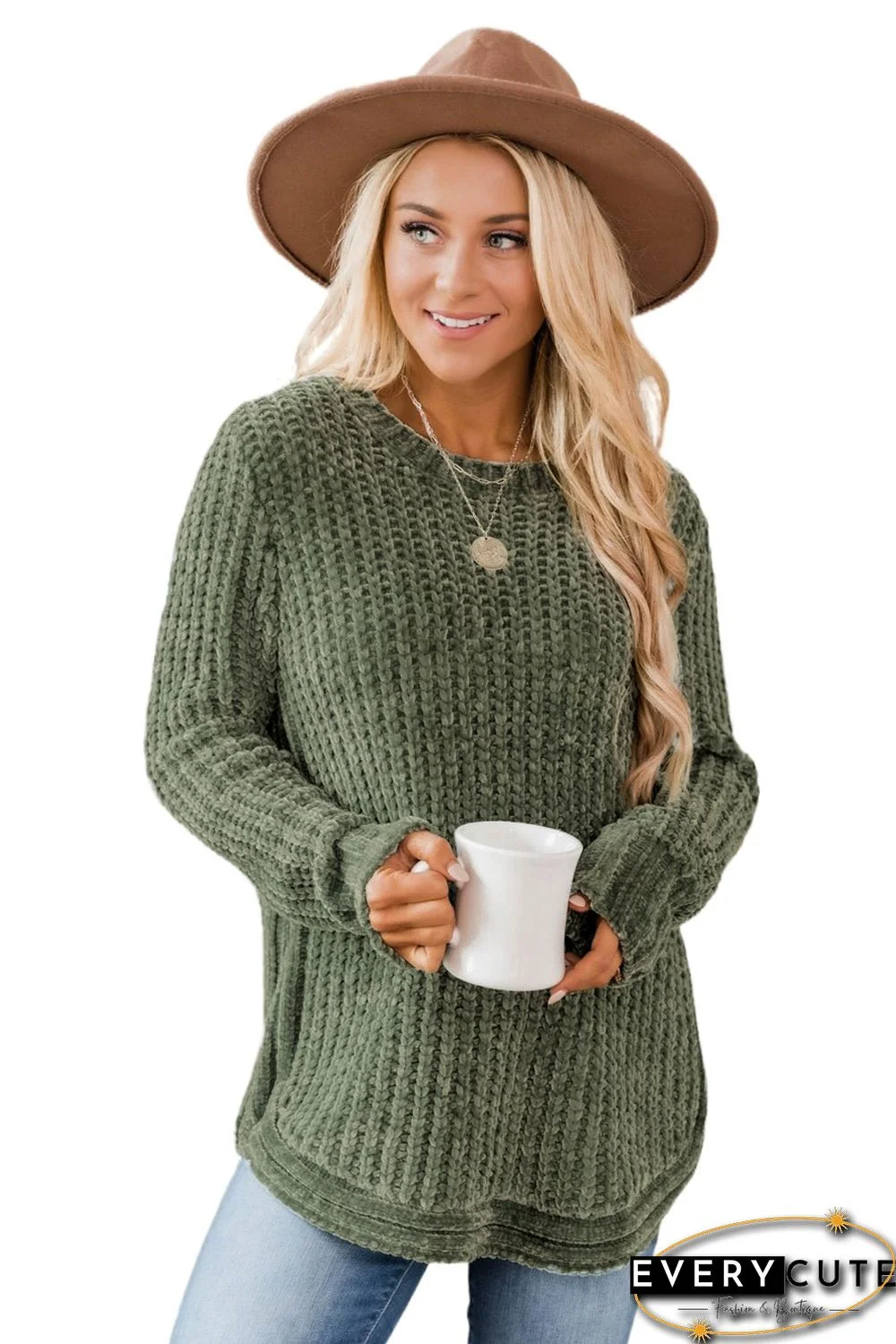 Green Long Sleeve Round Hem Cable Knit Sweater