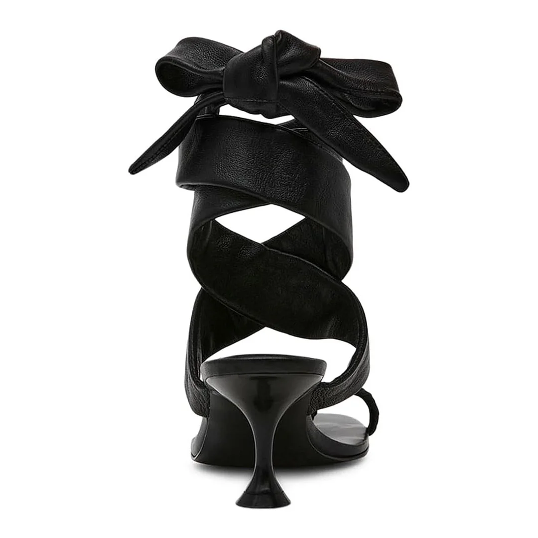 Elegant Black Toe Ring Mid Flared Heel Strappy Summer Sandals