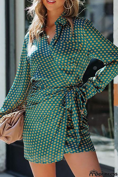 Fashion Chic Polka-dot Printed  Lace Up Long Sleeve Slim Dress