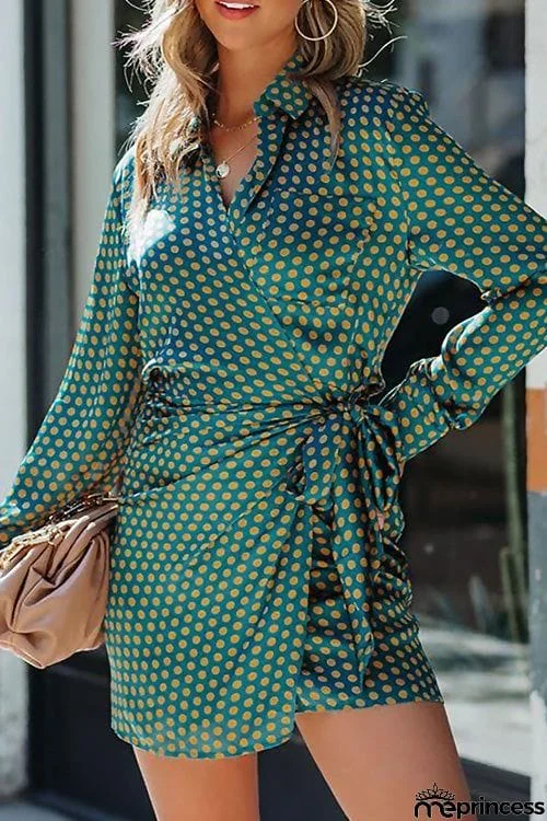 Fashion Chic Polka-dot Printed  Lace Up Long Sleeve Slim Dress