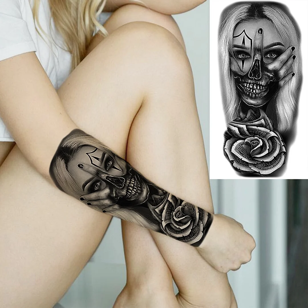 Sdrawing Realistic Black Devil Temporary Tattoos For Men Adult Tiger Pirate Skeleton Vampire Fake Tattoo Forearm Scary Tatoo Joker