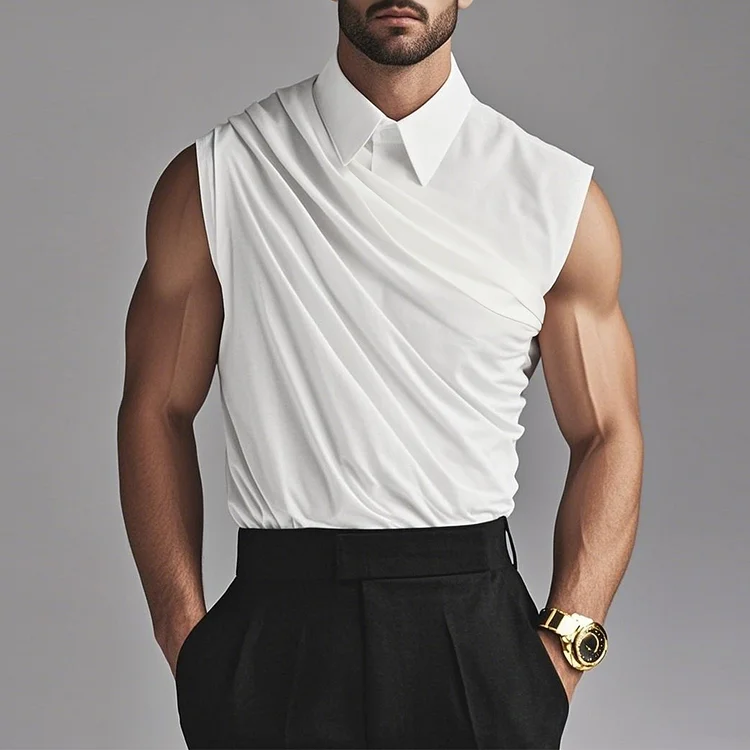 Okaywear Turndown Collar Sleeveless Pleated 2 in 1 Shirt 