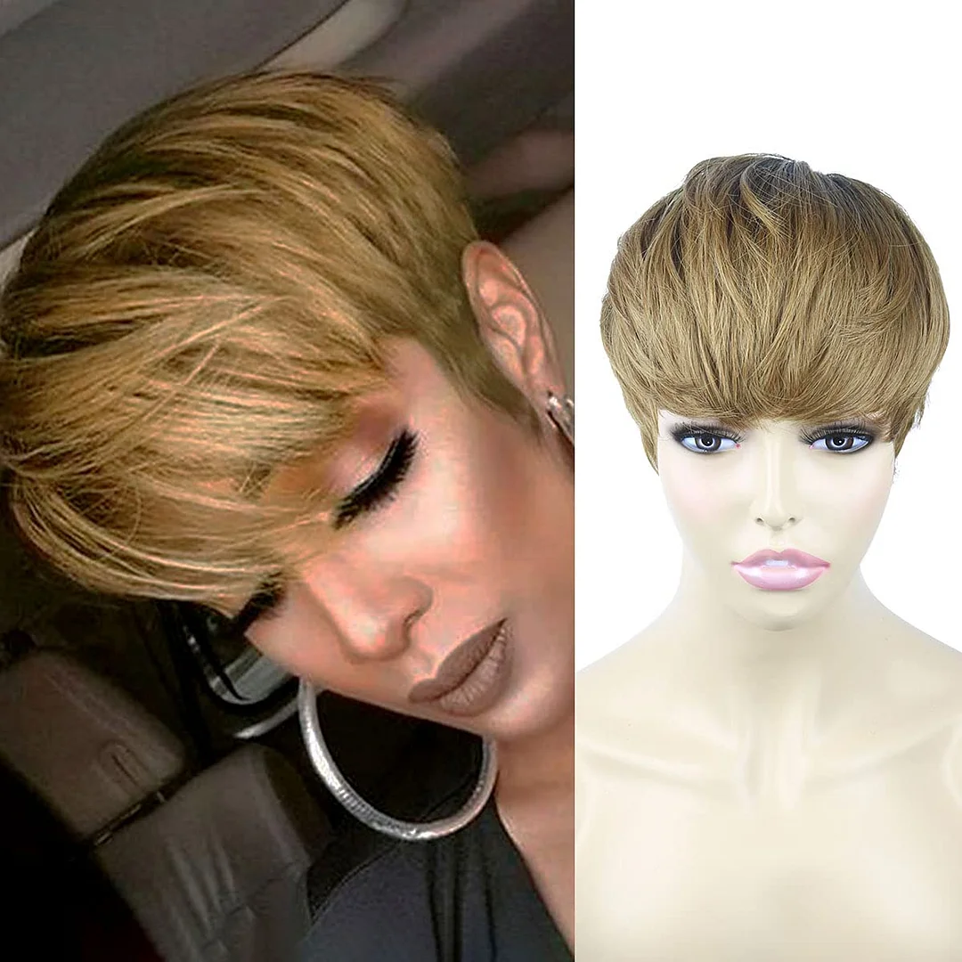 🔥Hot| Glueless Wig With Elastic Belt Lace Front Blonde Ombre Pixie Cut Wigs With Bangs ELCNEPAL