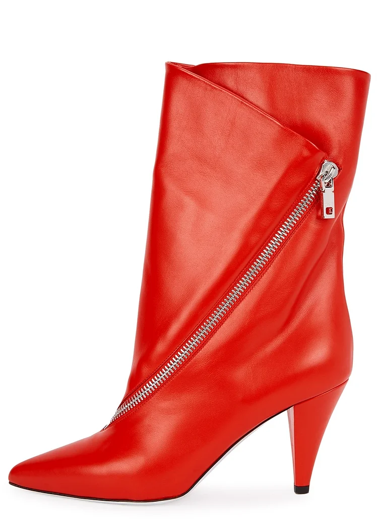 Red Pointed Toe Cone Heel Ankle Booties Vdcoo