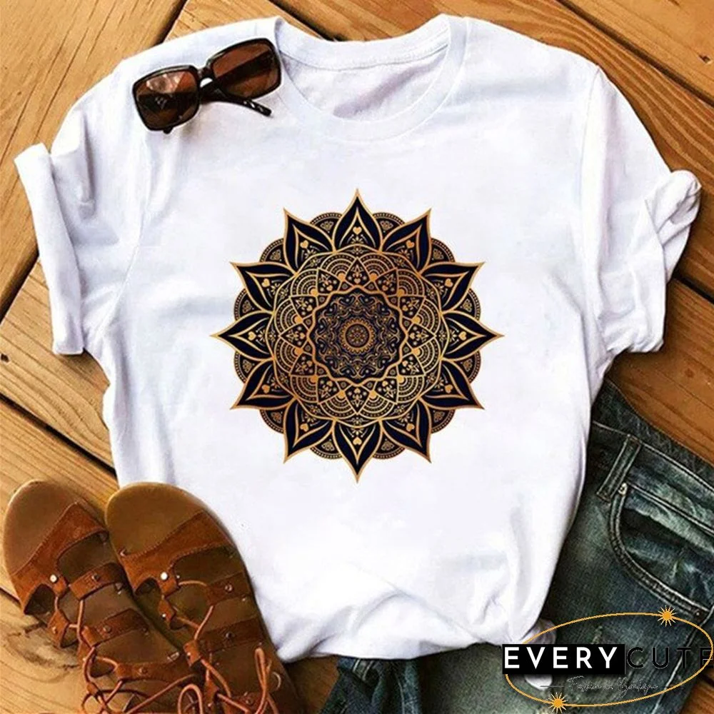 Maycaur New Mandala Floral Printed T Shirt Women Casual Fashion T-shirt Loose Short Sleeve 90s Girls Aesthetics Black Tshirt Top