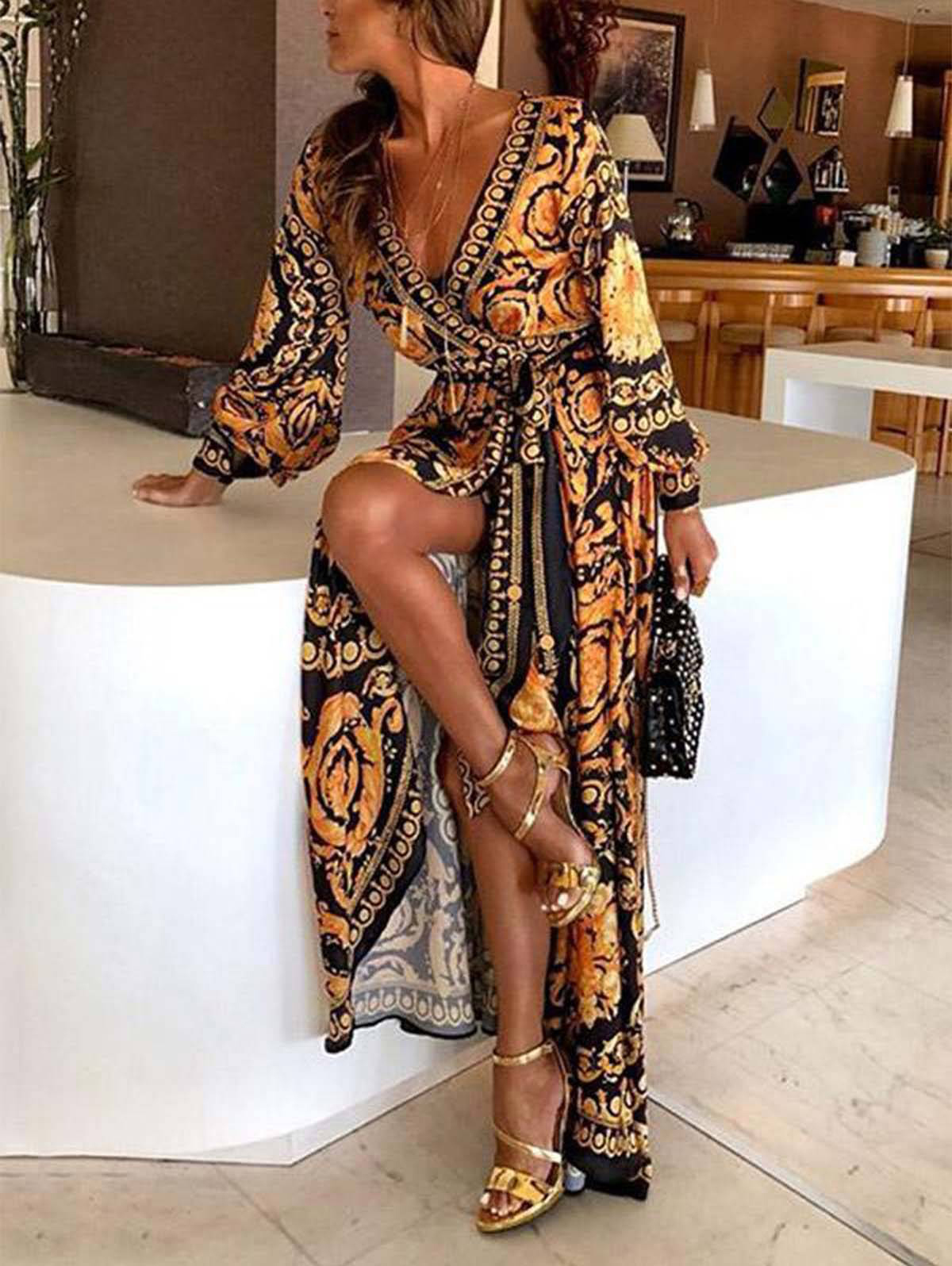 Retro Boho Allover Pattern Long Sleeve Wrap Maxi Dress