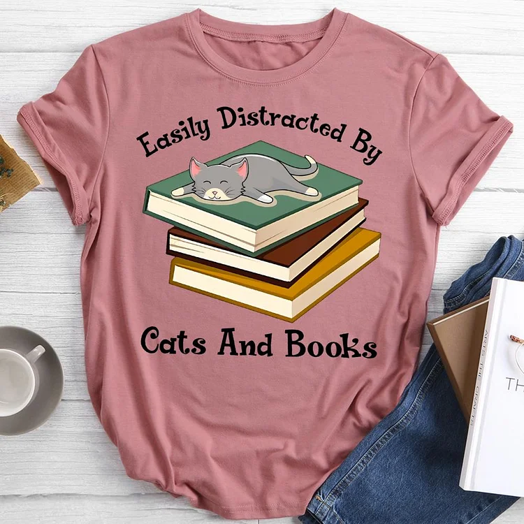 easily distracted by cats and books Round Neck T-shirt-0021980-Annaletters