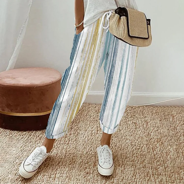 Vintage Striped Print Pocket Casual Pants
