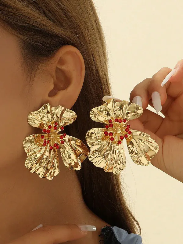Flower Shape Drop Earrings RED-One_size